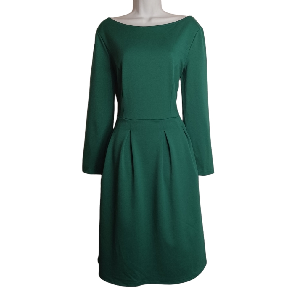 VFSHOW Emerald Green Long Sleeve Open Pleat Midi Boat Neck Dress Large NWT